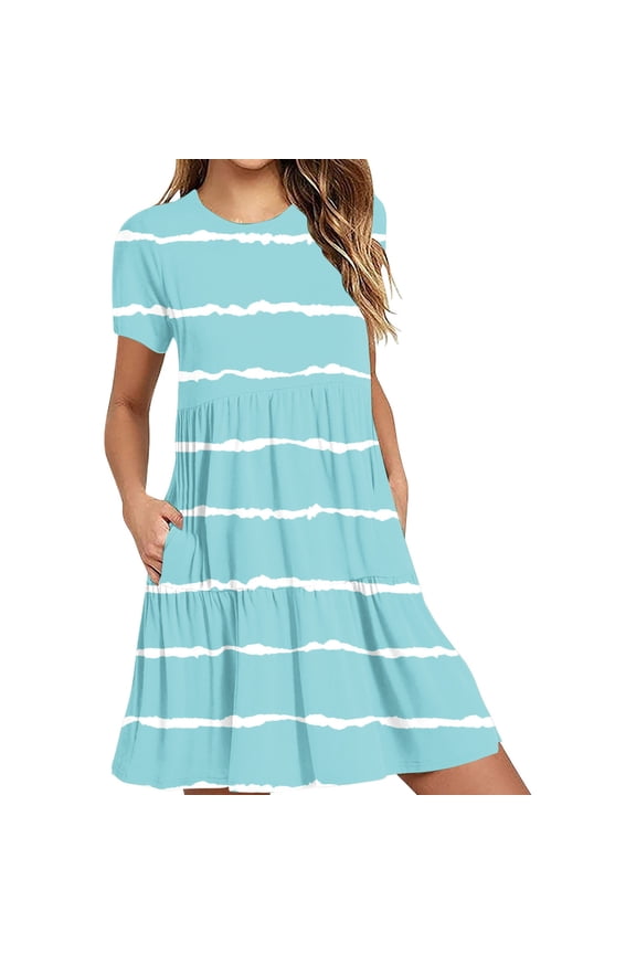 Blue Boat Neck for Ladies Fall Summer Short Sleeve One Shoulder Midi Mini Little Knee High Brunch Shirt Tie Dye Tiered Dresses Juniors 2026 Clothes Fashion S