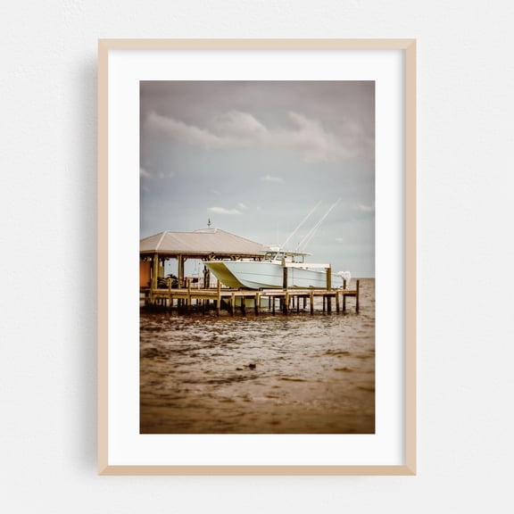 Blue Boat at Mullet Point - Fairhope Alabama Photography Boat Nautical Harbor Coastal Seascape Water Maritime Oak Framed Wall Art Print 5 x 7 inches
