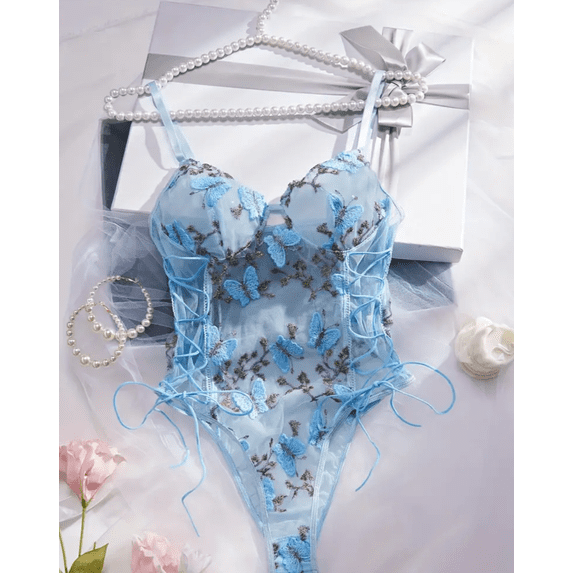 Blue Bodysuit Lingerie Butterfly Embroidery
