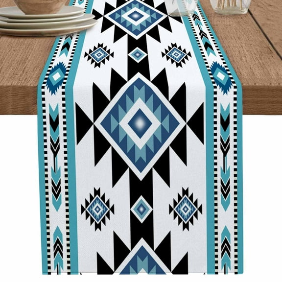 Blue Bohemia Ethnic Textile Table Runner-70 Inch Long Retro Native Abstract Art Table Runners Linen Burlap Tablerunner for Kitchen Dining Room Holiday Party