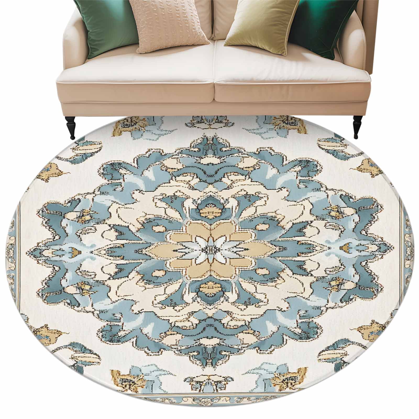 Blue Bohemia Flower Washable Round Area Rug 5 ft, Retro Boho Ethnic ...