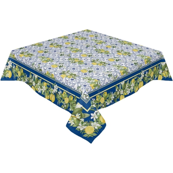 Blue Bohemia Mandala Tile Tablecloth Waterproof for Round/Rectangle/Oval/Square Tablecloth 60x60 in, Boho Summer Lemon Floral Yellow Table Cloth Cover for Fall Baby Shower Christmas Wedding Party