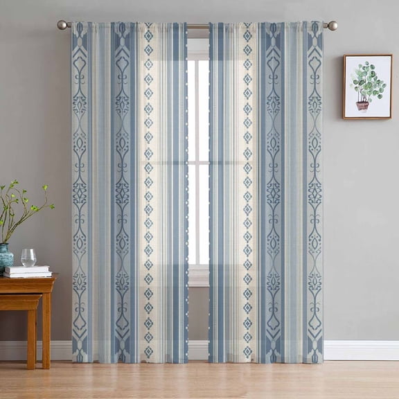 Blue Bohemia Stripes,Boho Vintage Flower Line Art Sheer Curtains 72 Inches Long 2 Panels Set, Window Sheer Curtains for Living Room/Bedroom, Light Filtering Rod Pocket Curtain 52'' x 72'' x 2