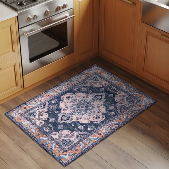 Blue Bohemia Turkish Pattern 2x3 Rug for Entryway Front Door Kitchen Sink Area, Retro Ethnic Style Low Pile Washable Non Slip Rectangle Area Rug