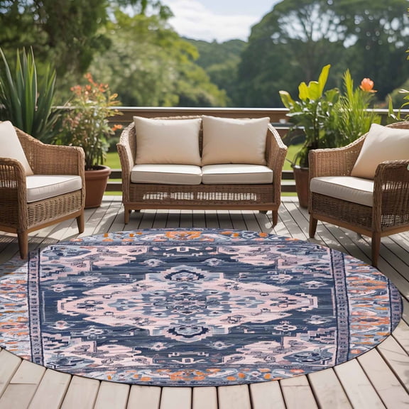 Blue Bohemia Turkish Pattern 8ft Round Rug for Open Concept Living Room Seating Zone, Retro Ethnic Style Washable Non Slip Large Circle Area Rug