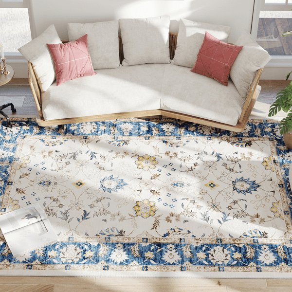 Blue Bohemian Floral Vine Area Rug 120"x96" Flannel Soft Non-Slip TPR Backing Machine Washable Rug for Living Room Bedroom