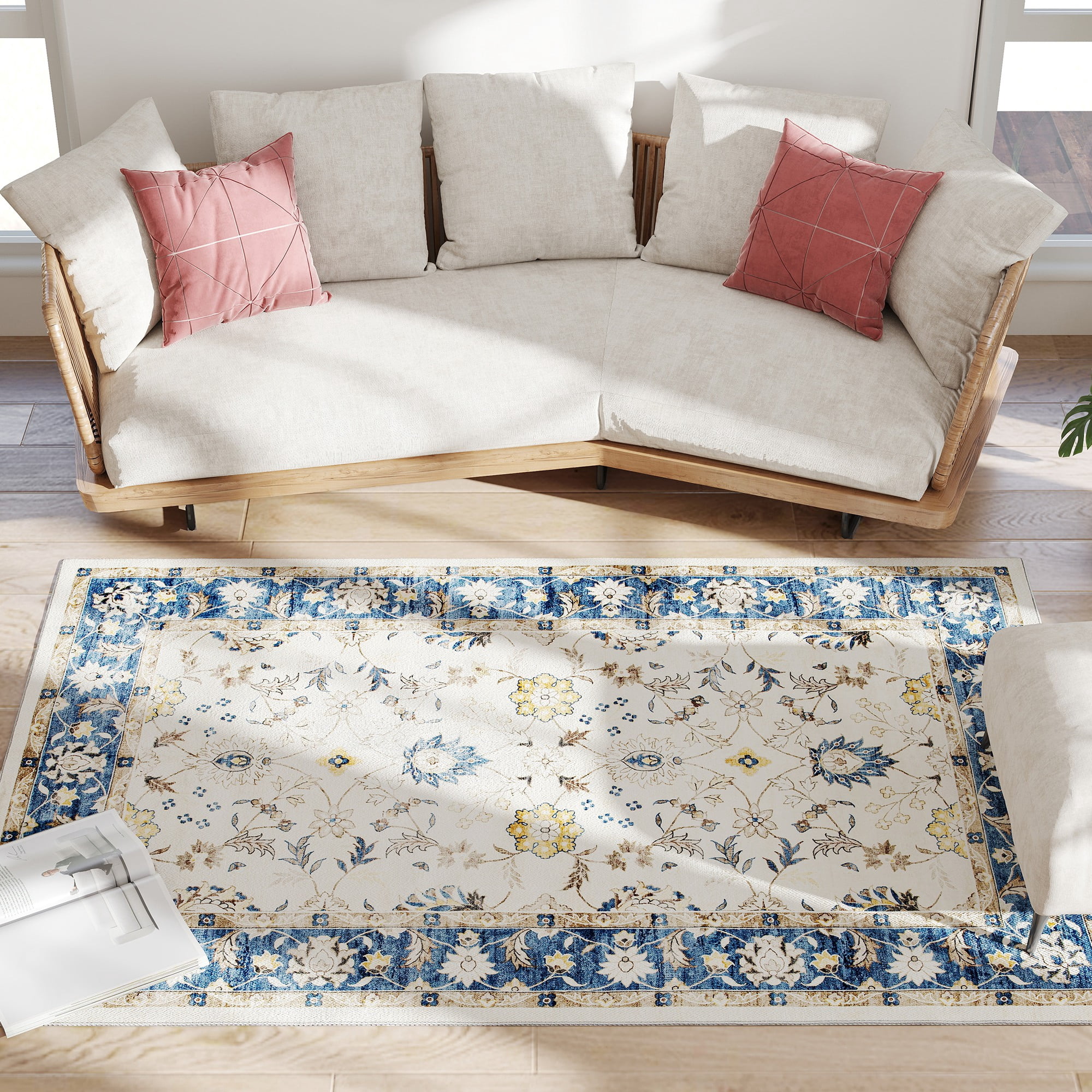 Blue Bohemian Floral Vine Area Rug 72"x48" Flannel Soft Non-Slip TPR Backing Machine Washable Rug for Living Room Bedroom