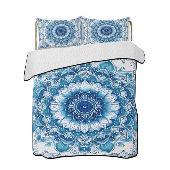 Blue Bohemian Flower Quilts Bedding Set California King Moroccan Ethnic Print Lightweight Quilted Bedspread 3 Piece Bed Quilt with 2 Pillow Shams All Season for Bedroom 96" x 106"