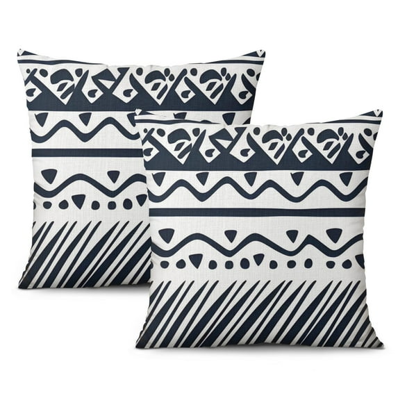 Blue Bohemian Geometric Lines Throw Pillow Covers 18 X 18 Inch, Set Of 2, Linen Study Sofa Cushion Cover Indoor Living Room Home Decor