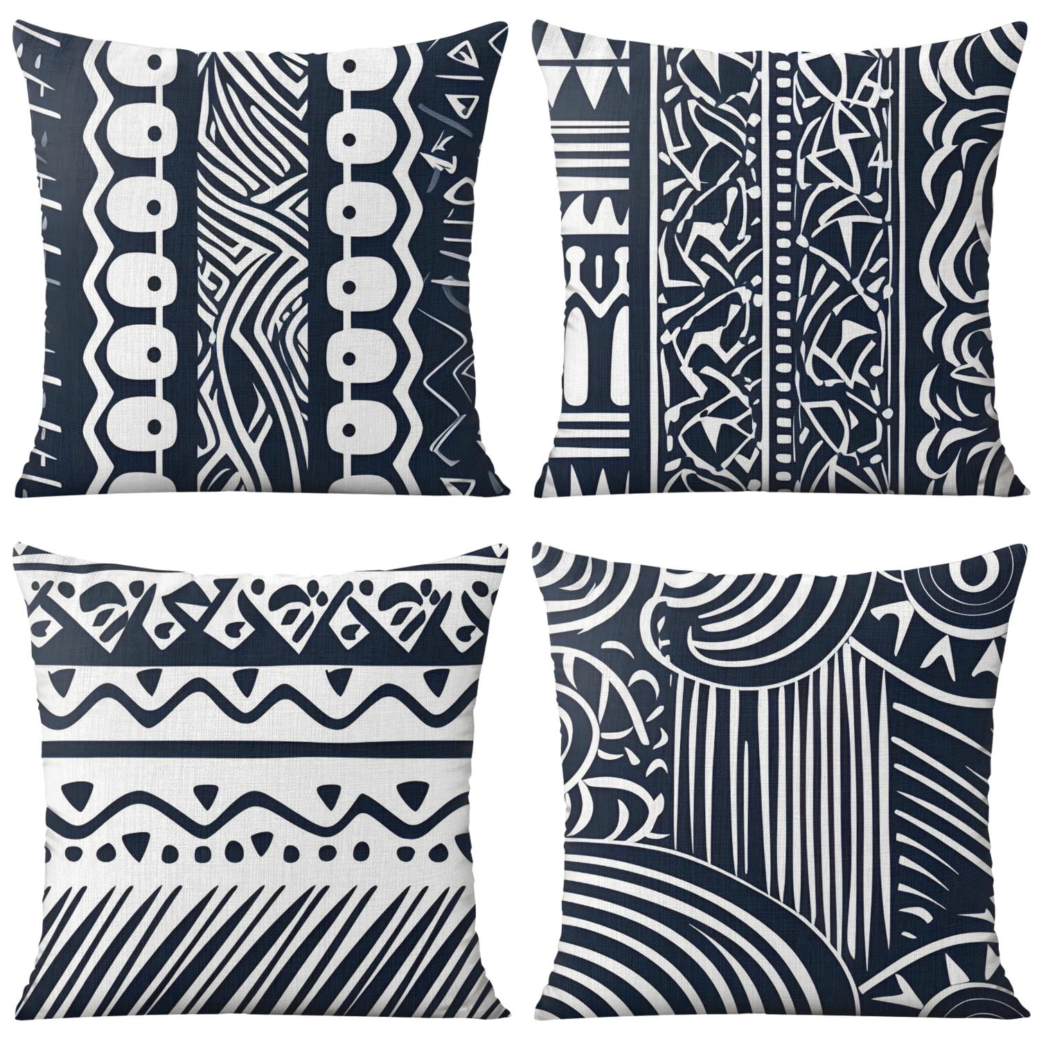 Blue Bohemian Geometric Lines Throw Pillow Covers 18"x18", Set Of 4, Linen Study Sofa Cushion Cover Indoor Living Room Home Decor