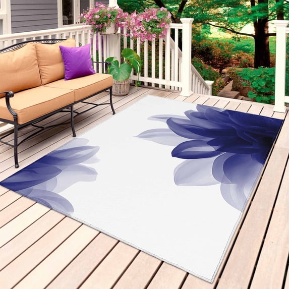 Blue Bohemian Outdoor Rug for Patio/Deck/Porch, Non-Slip Large Area Rug 5 x 7 Ft, Boho Modern Floral Abstract Ombre White Indoor Outdoor Rugs Washable Area Rugs, Reversible Camping Rug Carpet Runner