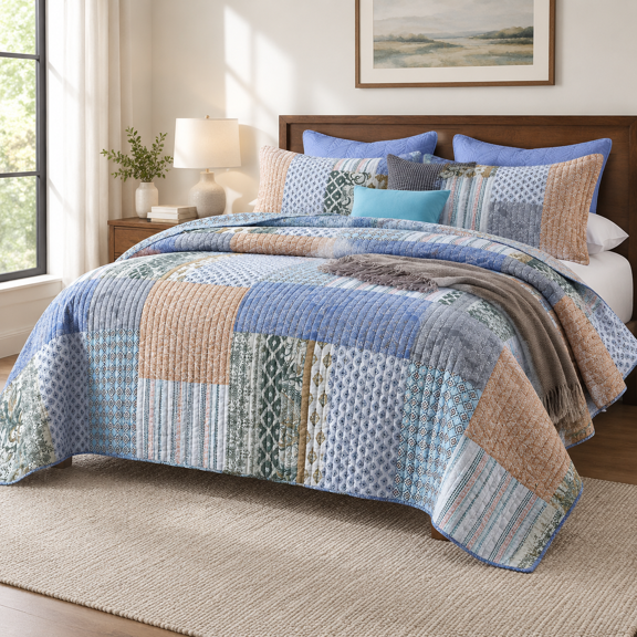 Blue Bohemian Patchwork King (96 by108 Inch) Cotton Bedspread Set