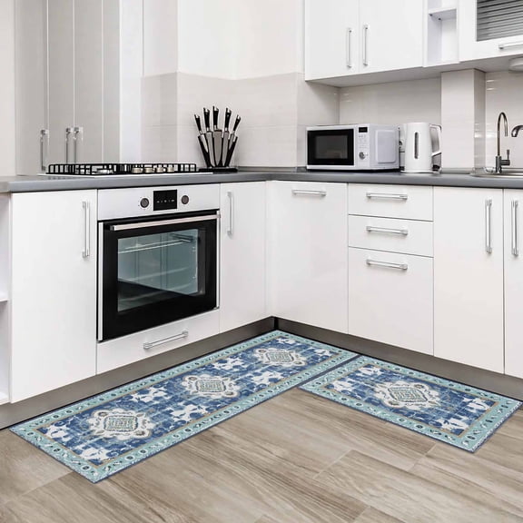 Blue Boho 2 Pieces Non-Slip Kitchen Mat Set Farmhouse Bohemian Medallion Oriental Flower Soft Door Mat with Rubber Backing,Dirtproof Rugs for Entrance Doorway 23.6x35.4in+23.6x70.9in