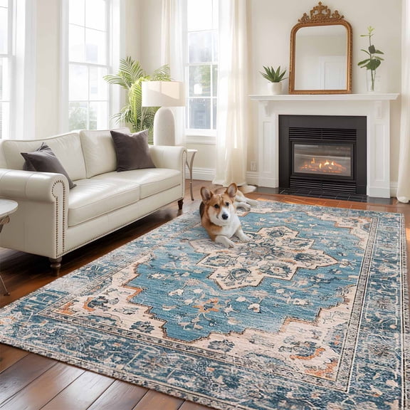 Blue Boho 5x7 Area Rugs for Living Room, Oriental Medallion Retro Distressed Bohemian Non Slip Floor Mat Washable Low-Profile Indoor Carpet for Bedroom, Dining Room, Bathroom