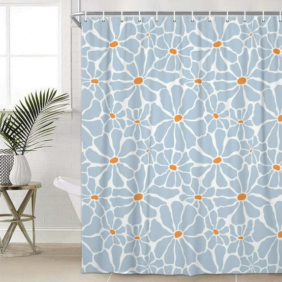 Blue Boho Abstract Floral Shower Curtain, Cute Vintage Retro Botanical Daisy Girl Kids Bathroom Decor Shower Curtain, Modern Geometric Aesthetic Flower Fabric Shower Curtain Set with Hooks, 47X64in
