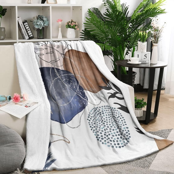 Blue Boho Abstract and Plant Pattern Blanket,Comfortable Soft Lamb Wool Throw Blanket,All Season,Warm Lightweight Blankets for Sofa Bed Couch Living Room Chair,50"x60"