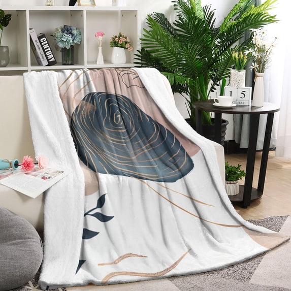 Blue Boho Abstract and Plant Pattern Blanket,Comfortable Soft Lamb Wool Throw Blanket,All Season,Warm Lightweight Blankets for Sofa Bed Couch Living Room Chair,60"x80"