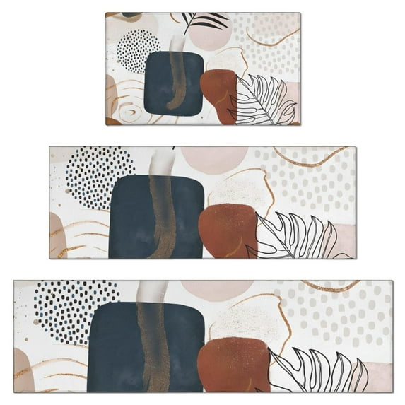 Blue Boho Abstract and Plant Pattern Kitchen Rugs Sets Of 3,Kitchen Runner Rugs Non Skid Washable,Decorative Kitchen Floor Mats for Kitchen,Sink,Laundry,17"x30"+ 17"x47" + 17"x59"