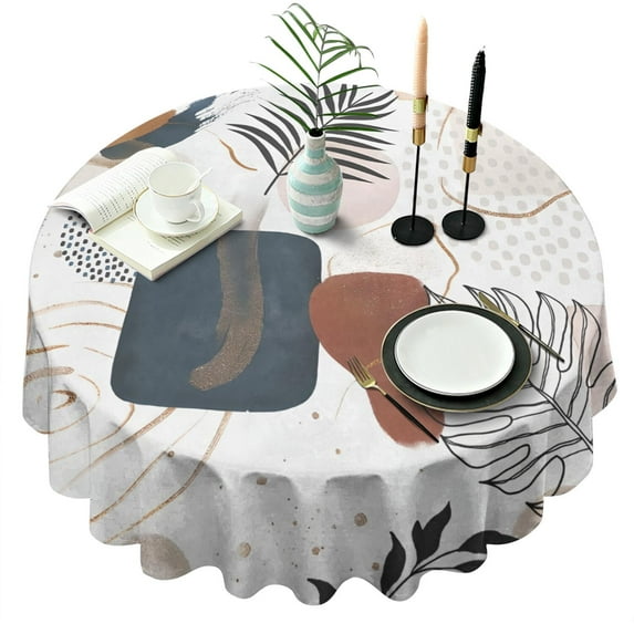 Blue Boho Abstract and Plant Pattern Round Tablecloth 60"x60",Wrinkle Wipeable Table Cloth for Kitchen Dining Room Picnic Patio Party