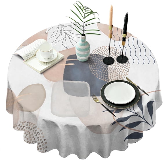 Blue Boho Abstract and Plant Pattern Round Tablecloth 60"x60",Wrinkle Wipeable Table Cloth for Kitchen Dining Room Picnic Patio Party