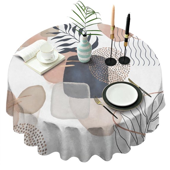 Blue Boho Abstract and Plant Pattern Round Tablecloth 60"x60",Wrinkle Wipeable Table Cloth for Kitchen Dining Room Picnic Patio Party