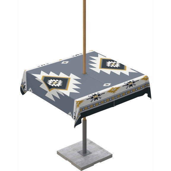 Blue Boho Aztek Outdoor Square Tablecloth with Umbrella Hole 54x54,Southwest Bohemian National Stripe Wrinklefree Wipeable Fabric Table Cloth Waterproof Zippered Cover for Camping Picnic Patio Party