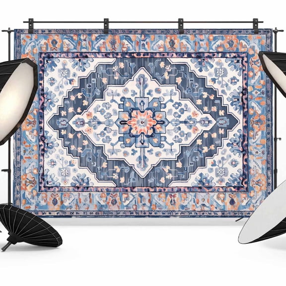 Blue Boho Backdrop for Photoshoot, Photography Photo Studio Background Wall Backdrop, Ethnic Geometric Middle Century Art Back Drop Banner Panel for Portraits Wedding Party Live Streaming Decor 8x6Ft