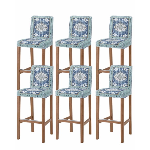 Blue Boho Bar Stool Covers Set of 6, Farmhouse Bohemian Medallion Oriental Flower Stretch Washable Bar Chair Covers with Backs, Removable Pub Counter Height Chair Cover for Kitchen Dining Room Cafe