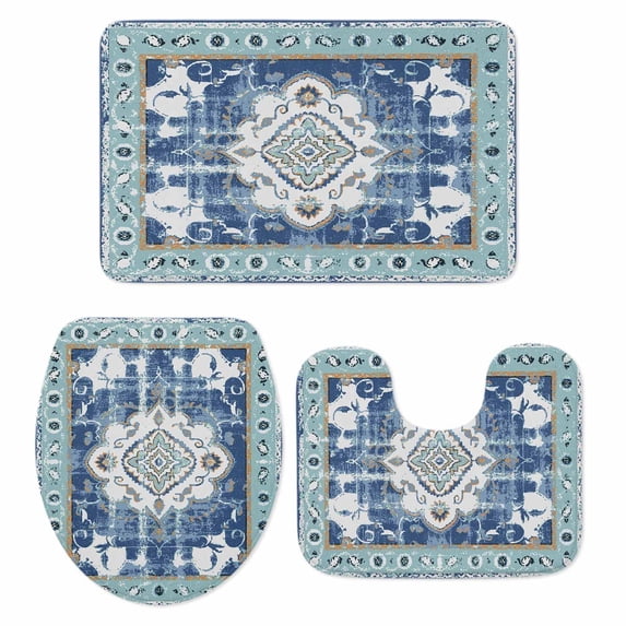 Blue Boho Bath Mat 3 Piece Bathroom Rug Set, Farmhouse Bohemian Medallion Oriental Flower Non Slip Bath Rug Contour Mat and Toilet Lid Cover, Absorbent Shower Mats Soft Bath Rugs and Mats Sets