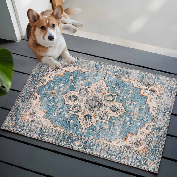 Blue Boho Bathroom Mat 2x3 FT, Non Slip Small Kitchen Mat, Middle Century Abstract Art Western Geometric Washable Soft Backed Front Door Throw Rug Indoor Outdoor Doormat for Entryway