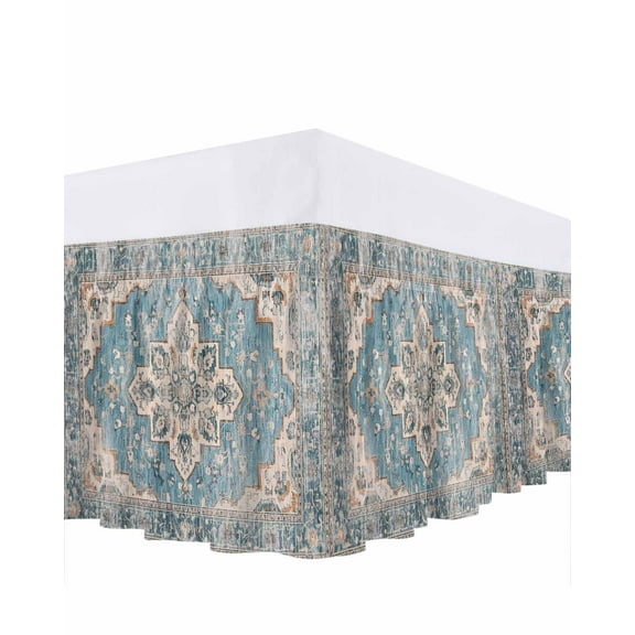 Blue Boho Bed Skirt Queen Size 18" Drop Oriental Medallion Retro Distressed Bohemian Ruffled Wrap Around Bed Skirts Adjustable Elastic Bedskirt Dust Ruffle for Queen Size Bed