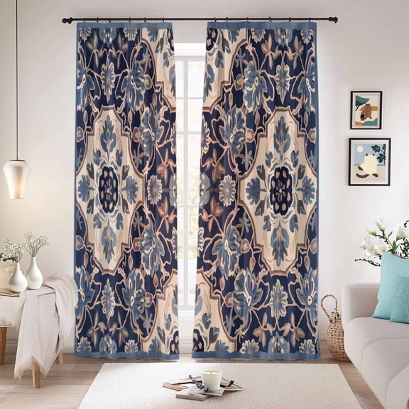 Blue Boho Blackout Curtains for Bedroom/Living Room, Pinch Pleated Black Out Curtains, Country Vintage Ethnic Floral Geometric Room Darkening Window Drapes with Hooks 2 Panels, 39"x70"