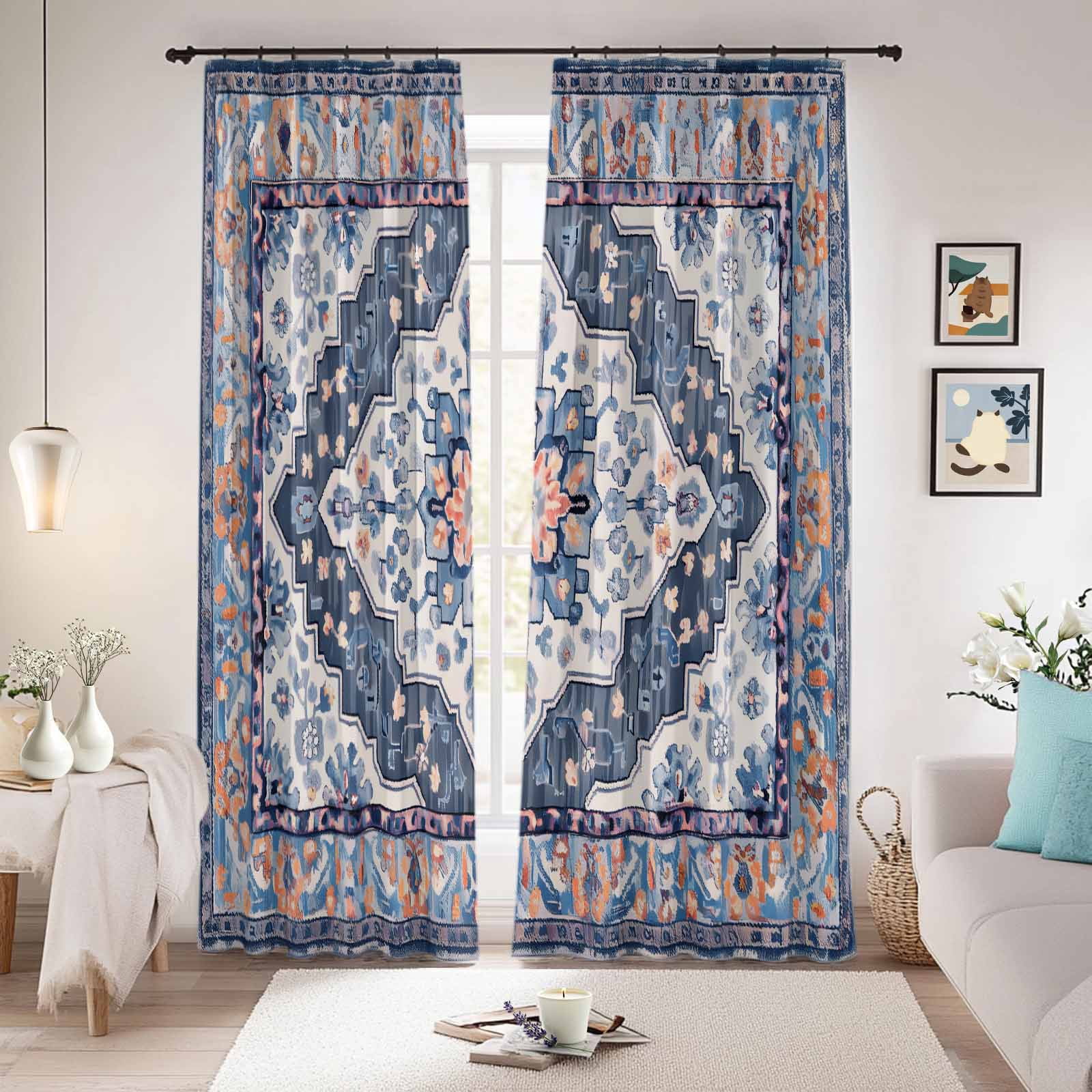 Blue Boho Blackout Curtains for Bedroom/Living Room, Pinch Pleated