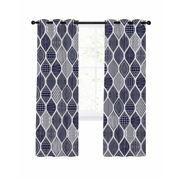 Blue Boho Blackout Curtains, Light Blocking Print Window Curtains, Vintage Country Ethnic Abstract Gingham Thermal Insulated Window Drapes for Living Room Kitchen Cafe 2 Panels, 55"W x 39"L