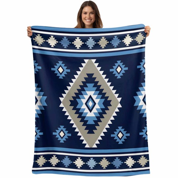 Blue Boho Blanket Soft Cozy Warm Throw Blanket for Couch, Plush Fuzzy Flannel Fleece Blankets for Sofa, Farmhouse Neutral Abstract Geometric Motifs Bed Blankets Lightweight Gifts for Women, 40"x50"