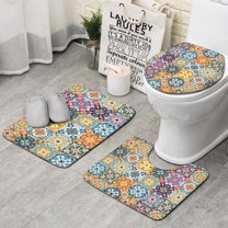 Blue Boho Bohemia Floral Geometric Pattern Bathroom Rugs Sets 3 Piece,Toilet Cover Set,Absorbent Non Slip Bathroom Mats Sets with U-Shaped Contour Rug Toilet Rug Set
