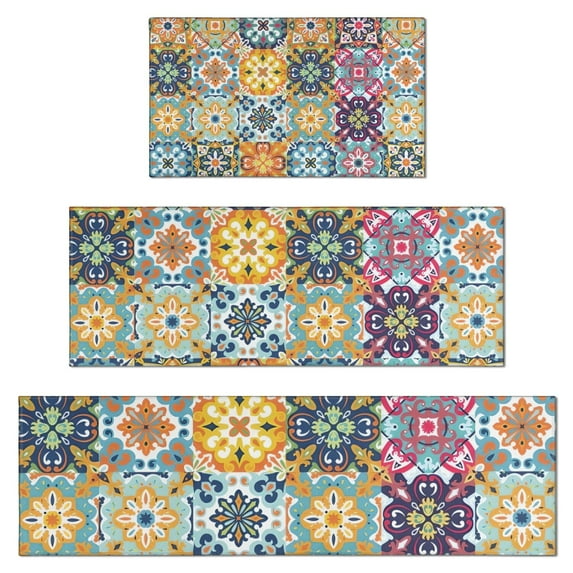 Blue Boho Bohemia Floral Geometric Pattern Kitchen Rugs Sets Of 3,Kitchen Runner Rugs Non Skid Washable,Decorative Kitchen Floor Mats for Kitchen,Sink,Laundry,17"x30"+ 17"x47" + 17"x59"