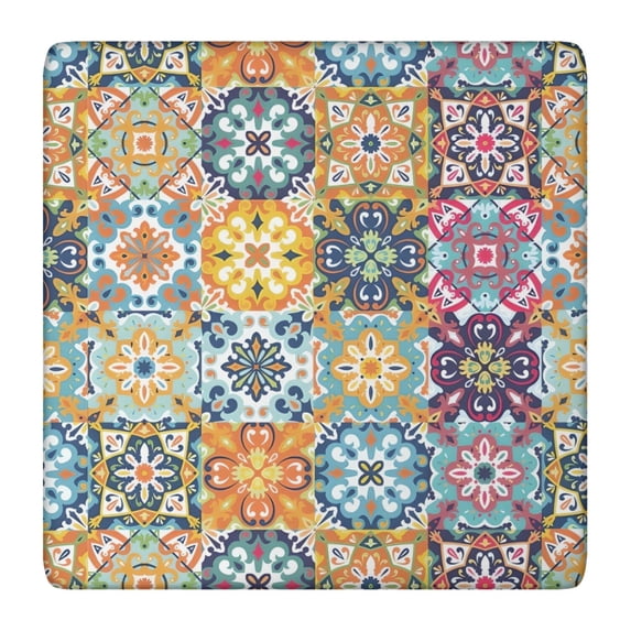 Blue Boho Bohemia Floral Geometric Pattern Square Fitted Tablecloth with Elastic Edge,Square Table Cover,Washable Elastic Table Cover for Home Kitchen Party Decor 36"x36"