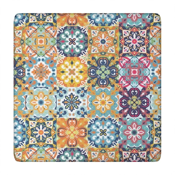 Multicolor Ethnic Floral Pattern Square Fitted Tablecloth with Elastic Edge,Square Table Cover,Washable Elastic Table Cover for Home Kitchen Party Decor 34"x34"