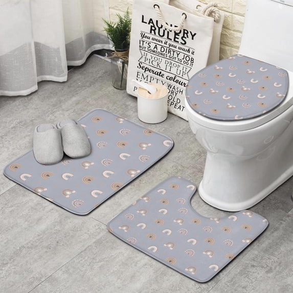 Blue Boho Bohemia Rainbow Hearts Pattern Bathroom Rugs Sets 3 Piece,Toilet Cover Set,Absorbent Non Slip Bathroom Mats Sets with U-Shaped Contour Rug Toilet Rug Set