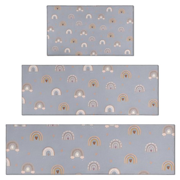 Blue Boho Bohemia Rainbow Hearts Pattern Kitchen Rugs Sets Of 3,Kitchen Runner Rugs Non Skid Washable,Decorative Kitchen Floor Mats for Kitchen,Sink,Laundry,17"x30"+ 17"x47" + 17"x59"