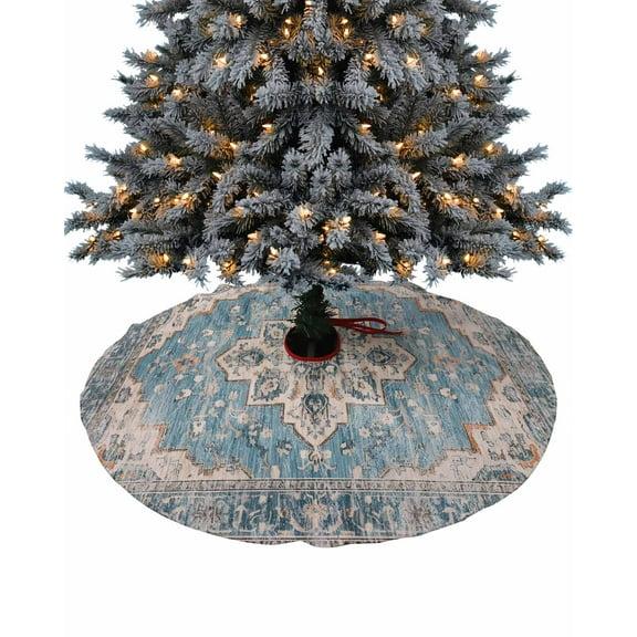 Blue Boho Christmas Tree Skirt 36 Inches Large Christmas Skirt Tree, Middle Century Abstract Art Western Geometric Tree Skirt Christmas Decorations for Fireplace Party Holidays Indoor Outdoor