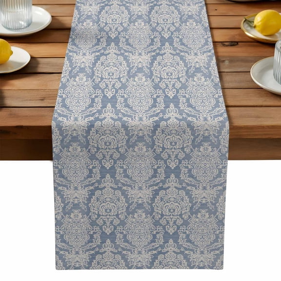 Blue Boho Cotton Linen Table Runner for Dining Kitchen, Vintage Mexican Ethnic Floral Southwestern Wedding Outdoor Party Tablerunners Decoration, Dresser Scarf Coffee Tablecloth Runners 13x36 Inches