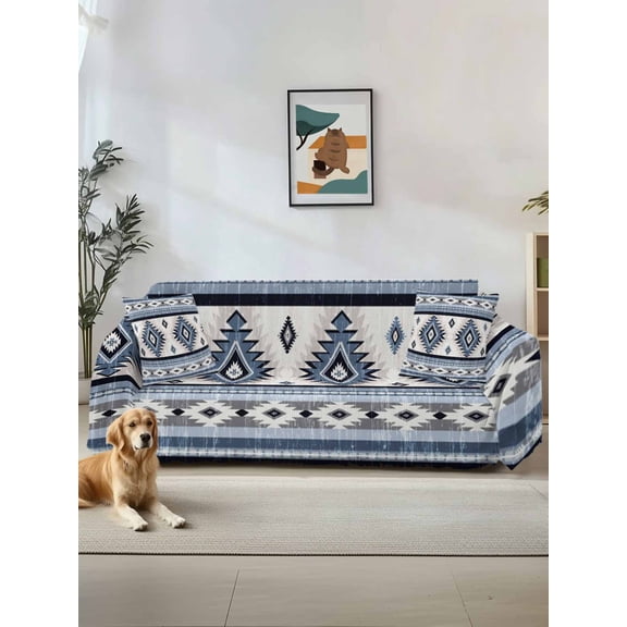 Blue Boho Couch Cover, Southwestern Ethnic Aztec Retro Geometric Sofa Cover Blanket for Loveseat Couches, Sectional Sofa Slipcover Furniture Protector for Living Room Bedroom 71''x118''