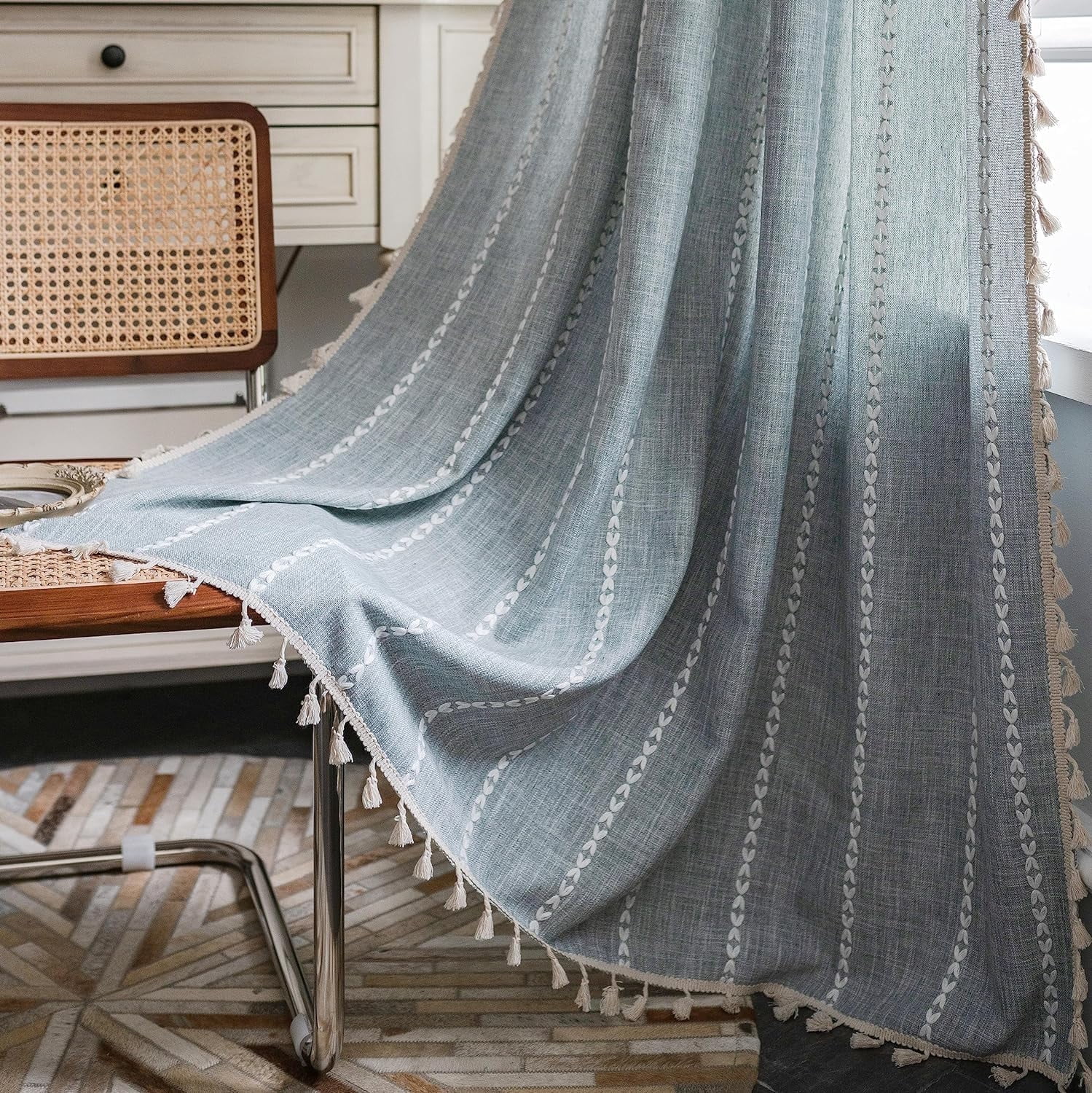 Psoiuetr Blue Boho Curtains for Bedroom Living Room Linen Cotton Embroidered Semi Blackout Farmhouse Window Treatment Drape Vintage Tassels Rod Pocket 1 Panel 52" W x 84" L