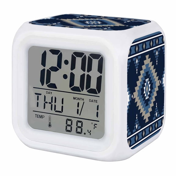 Blue Boho Digital Alarm Clock for Bedrooms, Smart LED Alarm Clock with 7 Color Changing Night Light, Aztec Southwest Abstract Geometric Motifs Silent Wake Up Clocks for Sleep Study Cooking 3.2"x3.2"