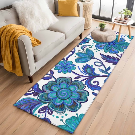 Blue Boho Floral 2'x6' Runner Rugs for Hallway Kitchen Bedside Non Slip Washable, Abstract Art Paisley Flower Entryway Rug Runners with Rubber Backing, Long Carpet Runner for Laundry Room