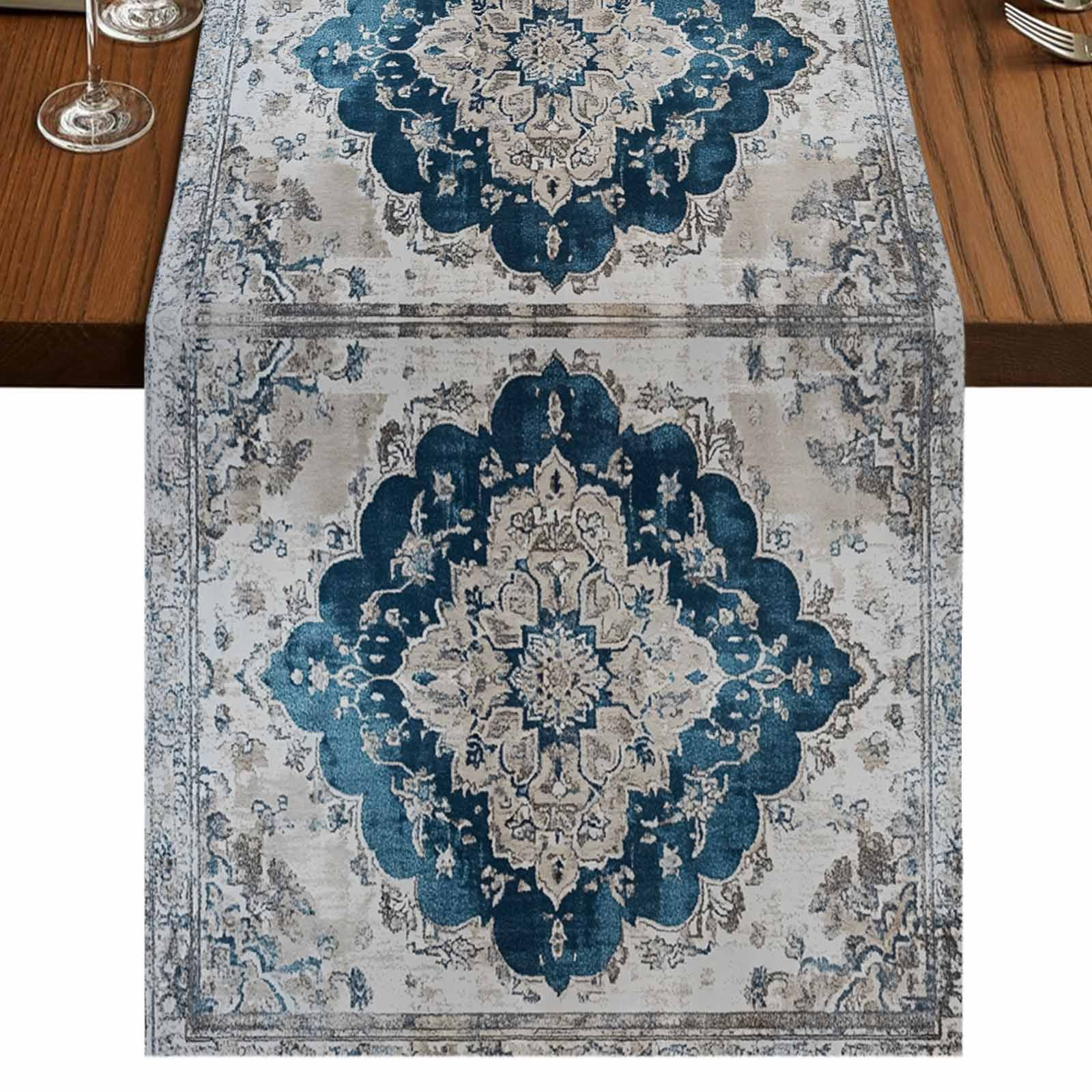Blue Boho Floral 36 Inch Table Runner, Vintage National Floral Textured ...
