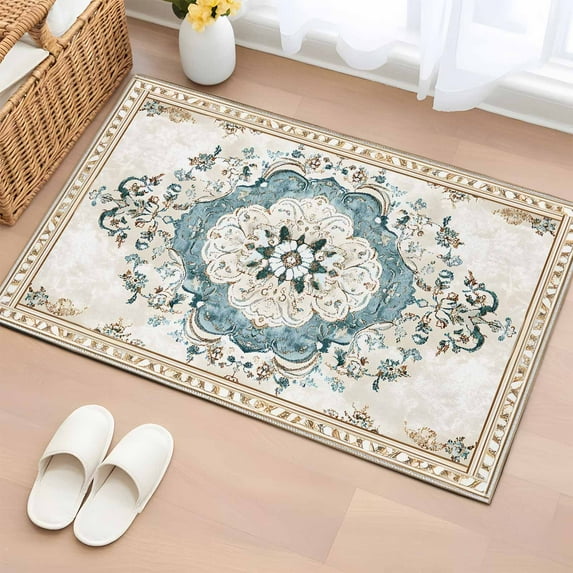 Blue Boho Floral Bathroom Rug Washable 2x3 Entryway Rug Non Slip Aztec ...