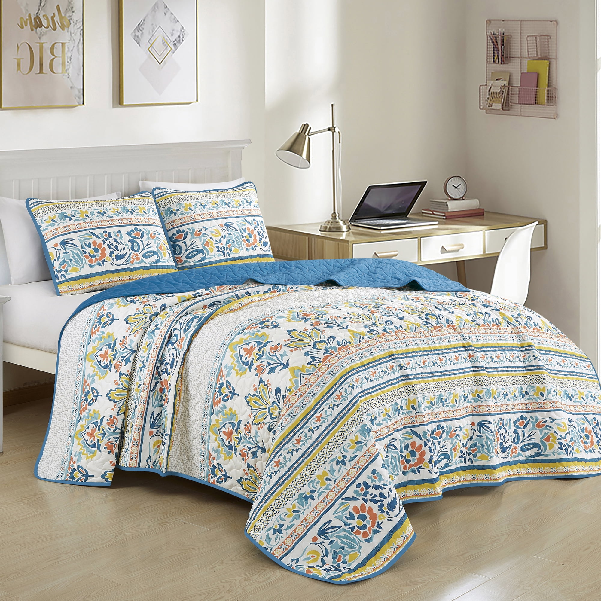 Blue Boho Floral Bedspread Set King Size - Medallion Bedding Set